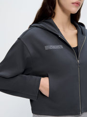 Womens Double Jersey Cropped Zip Up Hoodie—Smoked Black