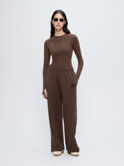 Womens Cotton-Stretch Long-Sleeved Top—Mahogany Brown